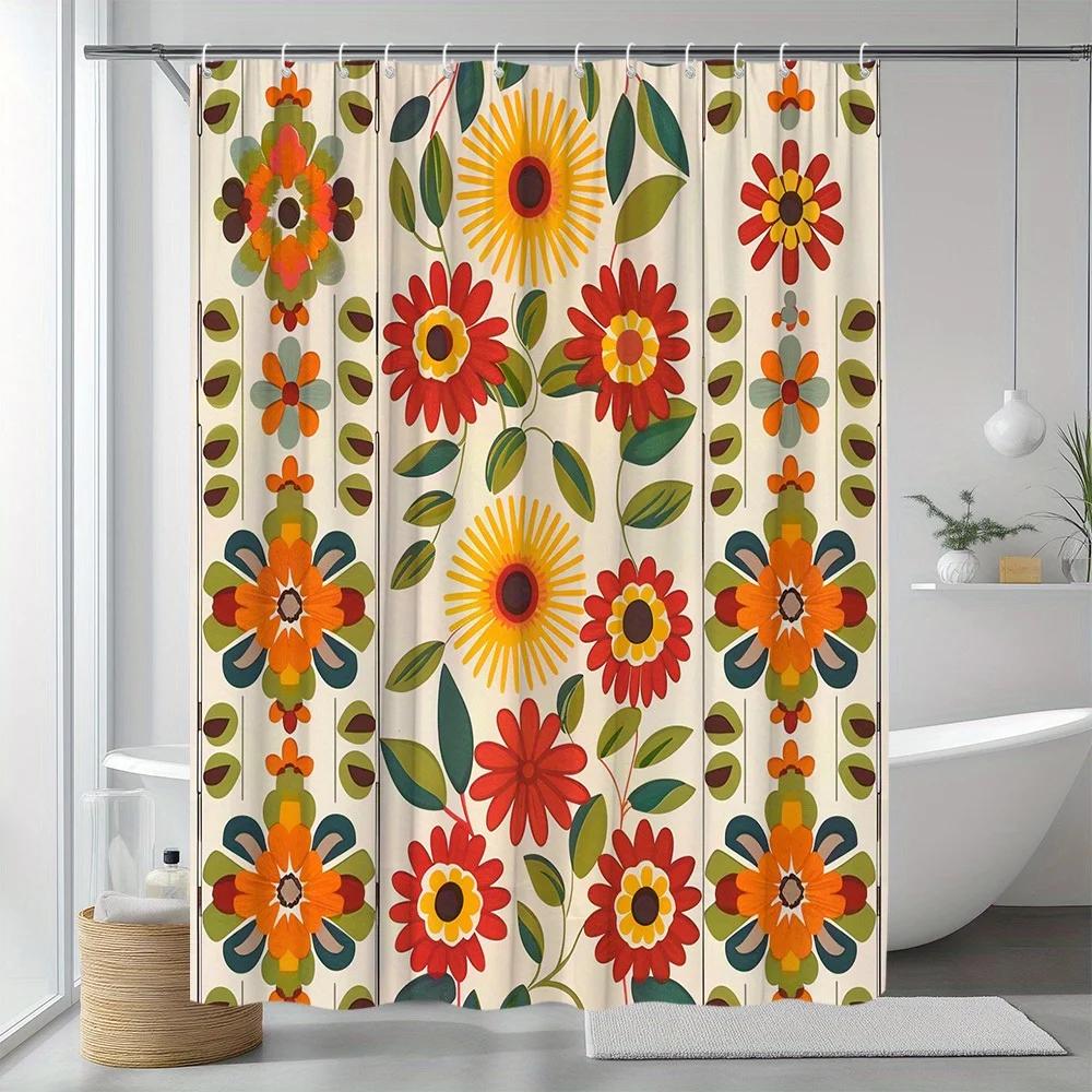 Яркая Ретро Цветочная Занавеска для Ванной - Высококачественный Водонепроницаемый и Защищенный от Плесени Декор для Ванной Комнаты с Живым Художественным Оформлением в Домашнем Стиле