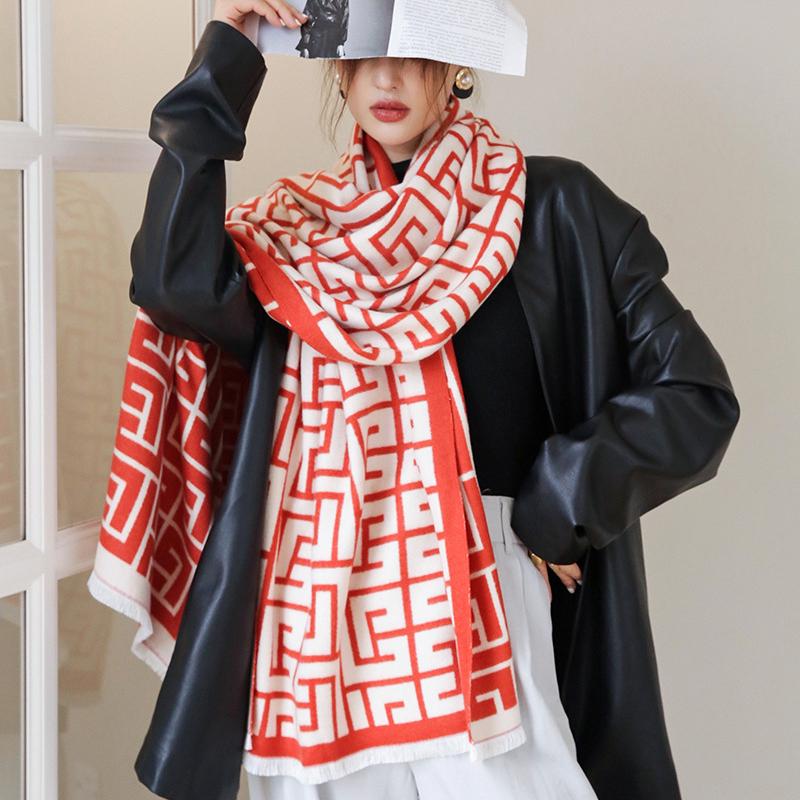 Fall Winter Geometric Warm Scarf Double-sided Cashmere Thick Student Shawl