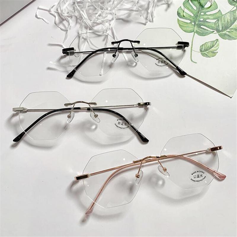 Rimless Blue Light Blocking Finished Myopia Glasses Women Metal Frameless Polygon Shortsighted Eyewear Diopter -1.0 -1.5 To -4.5