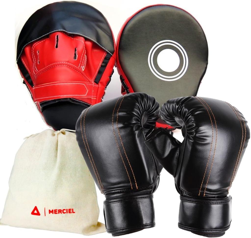 MERCIEL Boxing Training Glove and Mitt Set with Storage One Size Fits All by a Former Mitts Bag, [Supervised Boxer] (Gloves & (Red Grade))