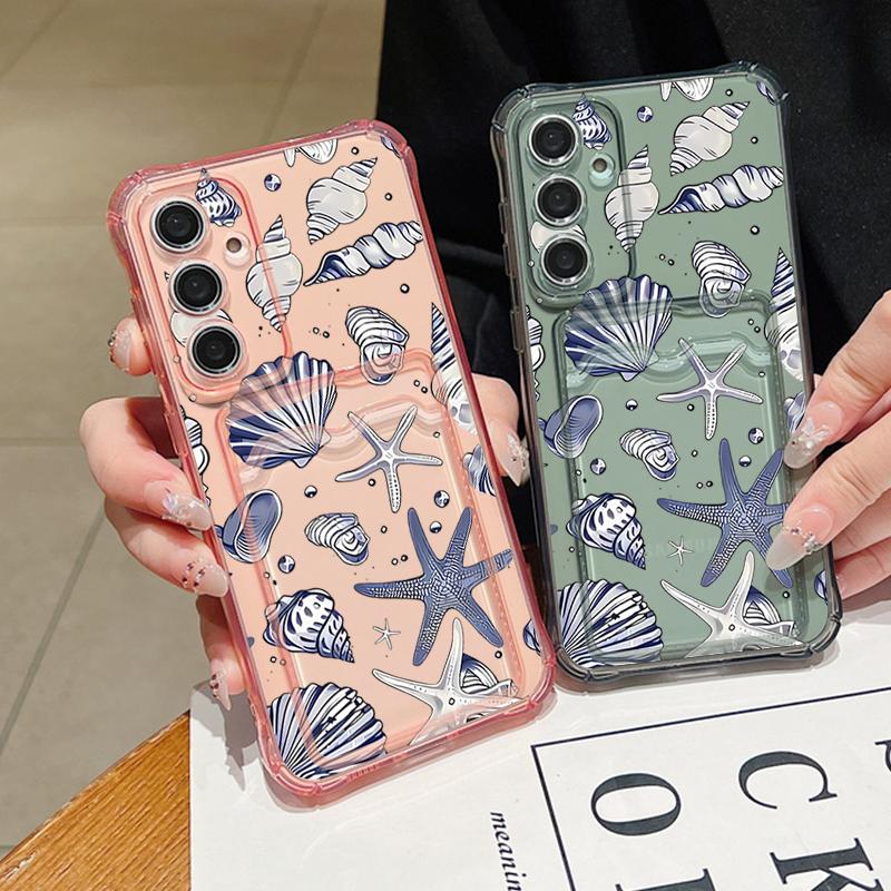 Противоударный Мягкий Чехол Для Samsung S25 Ultra S24 FE S23 S22 A56 A16 A15 A53 A52 A54 С Отделением Для Карт Мягкий Чехол Крышка С Рисунком Ракушки Морской Звезды Чехол Для Телефона