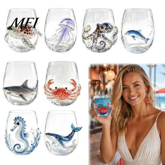 Handblown Borosilicate Glassware Octopus Glass Tumbler, 350ml Stemless Wine Glass, Whale Dolphin Turtle Gifts for Ocean Lovers Sea Creature
