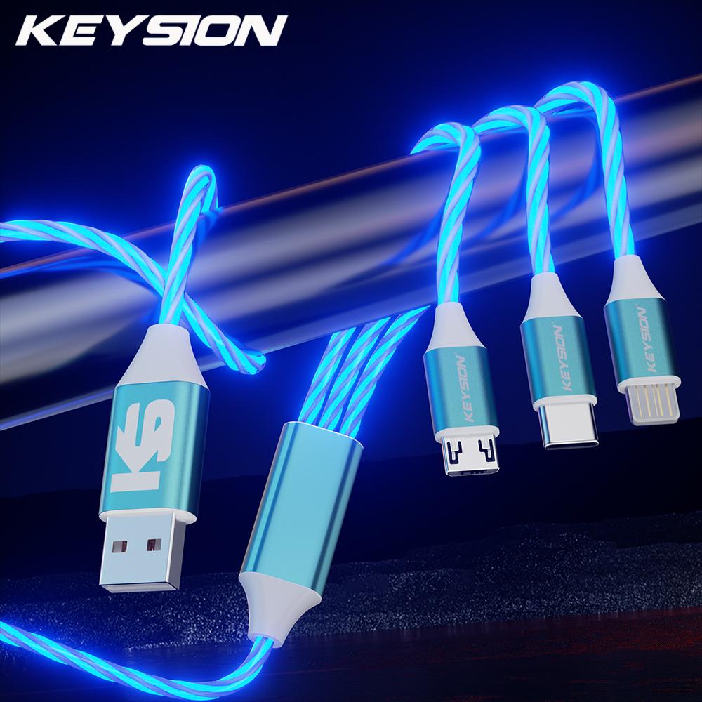 KEYSION 3 в 1 3A кабель для быстрой зарядки Micro USB Type-C провод для зарядки телефона светящийся светодиодный шнур для iPhone Samsung Xiaomi Redmi