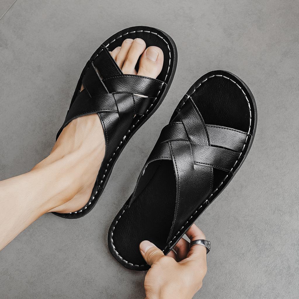 Summer Men High Quality Comfortable Non Slip Leather Slippers Casual Simple Open Toe Mules Sandals for Outdoor Walking Beach Home Daily Use