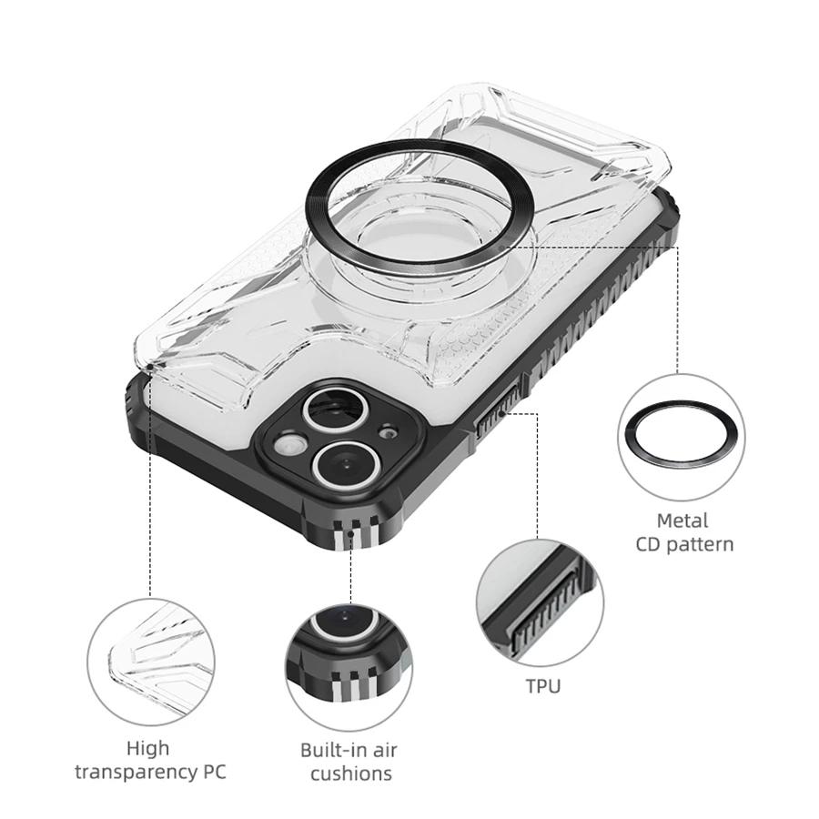 Магнитный беспроводной зарядный прозрачный чехол для iPhone 16 Pro Max 15 14 13 12 11 нескользящий ударопрочный полный объектив задняя крышка