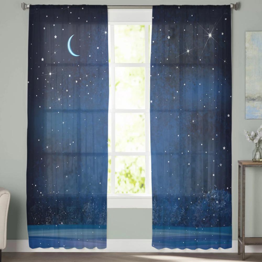 Звездное небо Луна Звезды Красивые Деревья Тюлевые Шторы для Украшения Гостиной Шифон Полупрозрачная Вуаль Кухонная Спальная Штора