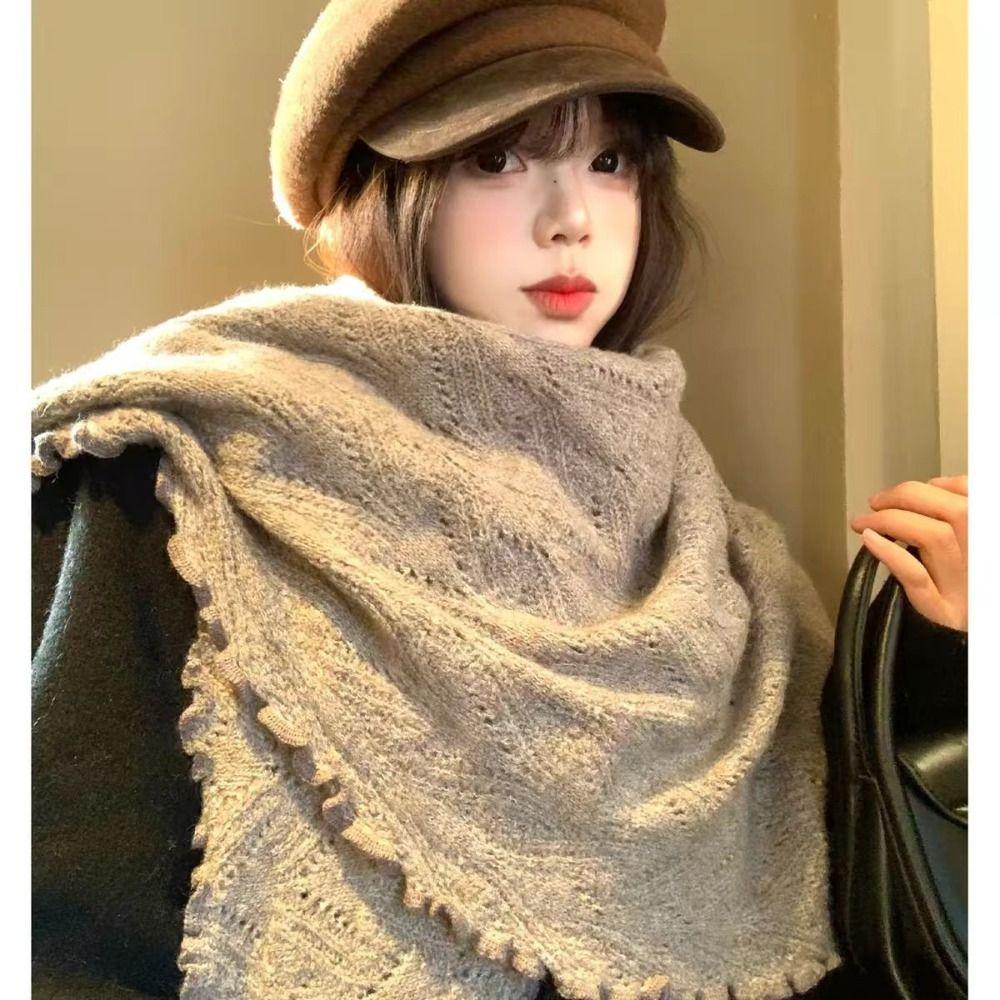 Ruffled Edge Shawl Wrap Soft Breathable Hollow Scarf Knitting Triangle Scarf  Spring Autumn Winter
