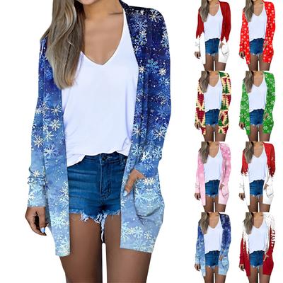 Женская мода, повседневный рождественский принт, кардиган средней длины, куртка, пальто