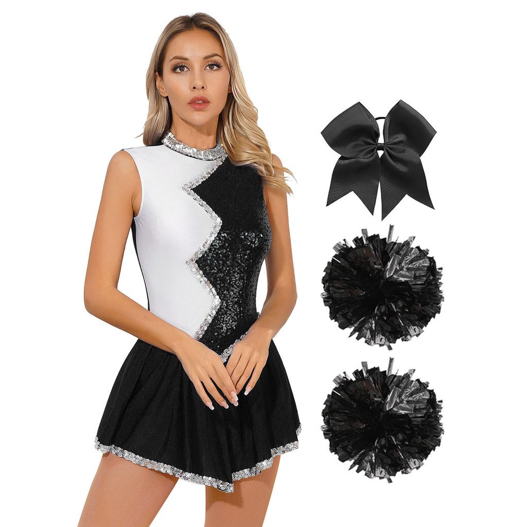 Womens Shiny Sequin Color Block Sleeveless Dress Bowknot Headwear Flower Balls Cheerleading Dance Costume