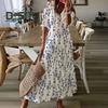 Женское платье с короткими рукавами и цветочным принтом, А-силуэт, свободный подол, V-образный вырез, мягкая длинная отделка кисточками, сборка, длина до щиколотки, пляжное платье макси для отпуска