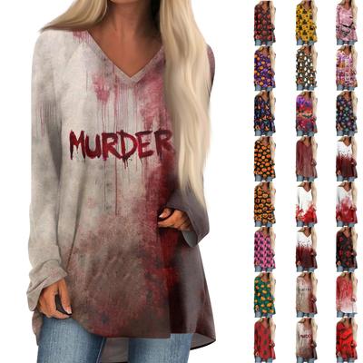 Женская модная и повседневная футболка с принтом на Хэллоуин, с длинными рукавами, V-образным вырезом, средней длины