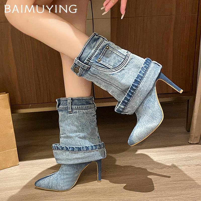 Cowboy Pointed Toe Women Mid Calf Boots Fashion High Heels Sexy Shoes Designer Winter New Botas 2025 Trend Pumps Botas De Mujer