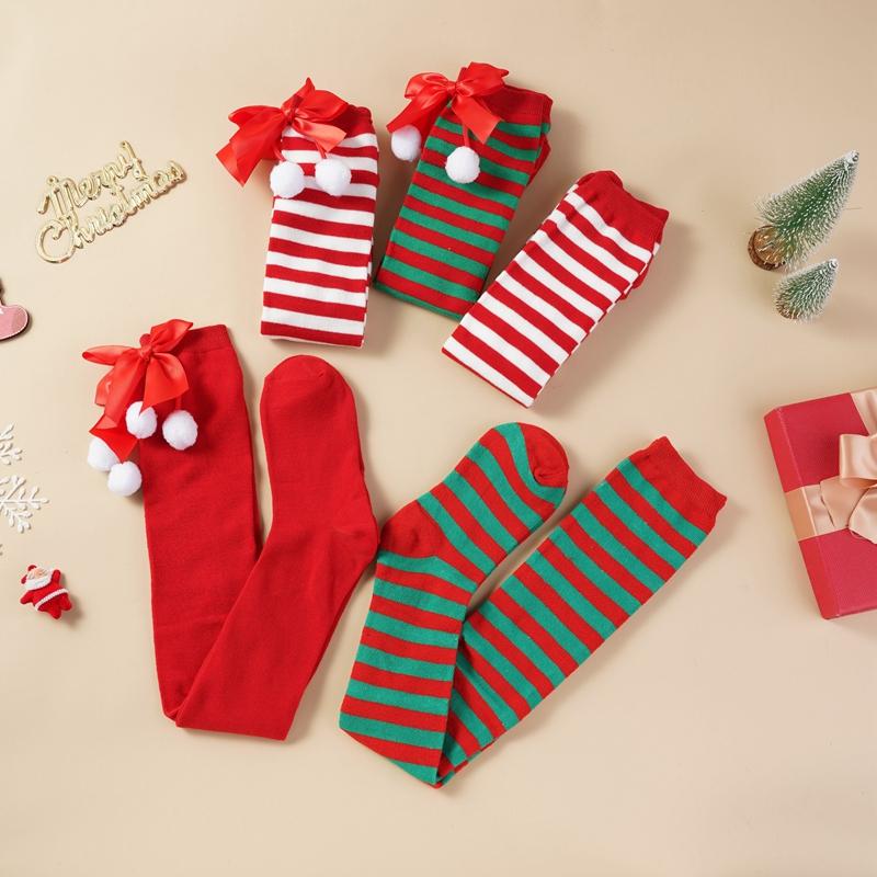 Рождественские хлопковые чулки зеленого и красного цвета в полоску выше колена с бантом, длинные носки 70 см