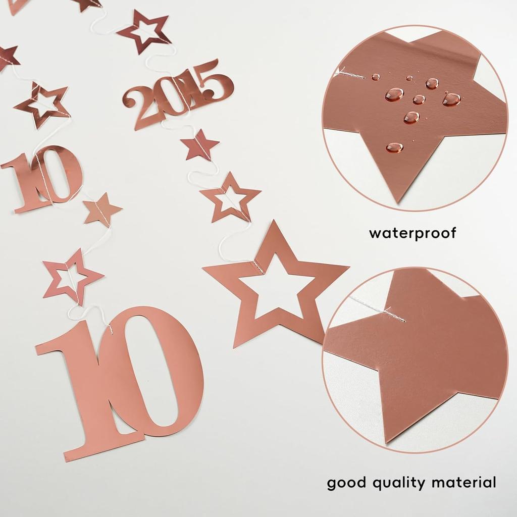 Pink Rose Gold 10th Birthday Decorations for Girls, Pre-Strung Glitter Twinkle Number 2015 10 Years Old Hanging Streamer Banner Party Supplies, Pink