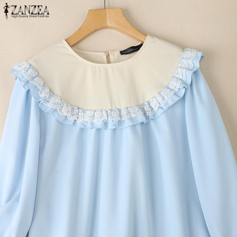 ZANZEA Женская повседневная кружевная блузка с круглым вырезом и длинным рукавом в стиле пэчворк