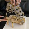 Fashion Luxury Shiny Rhinestone Designer Thin High Heels Women Sexy Ankle Strap Heeled Sandals for Women Crystal Flower Banquet Pumps