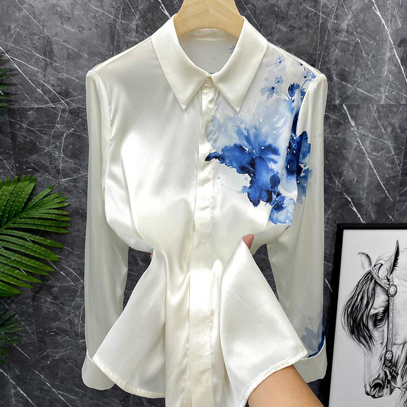 2024 Artistic Ink Wash Oil Print Satin Shirt: Long-Sleeved, Fashionable Temperament Top