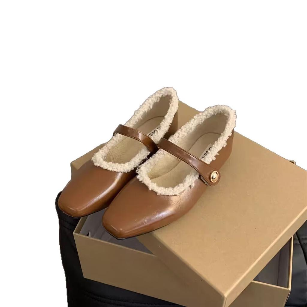 Flat Autumn and Winter Plush Cotton Shoes Single Shoes Women's Shoes New Square Head Black Mary Jane Evening Shoes