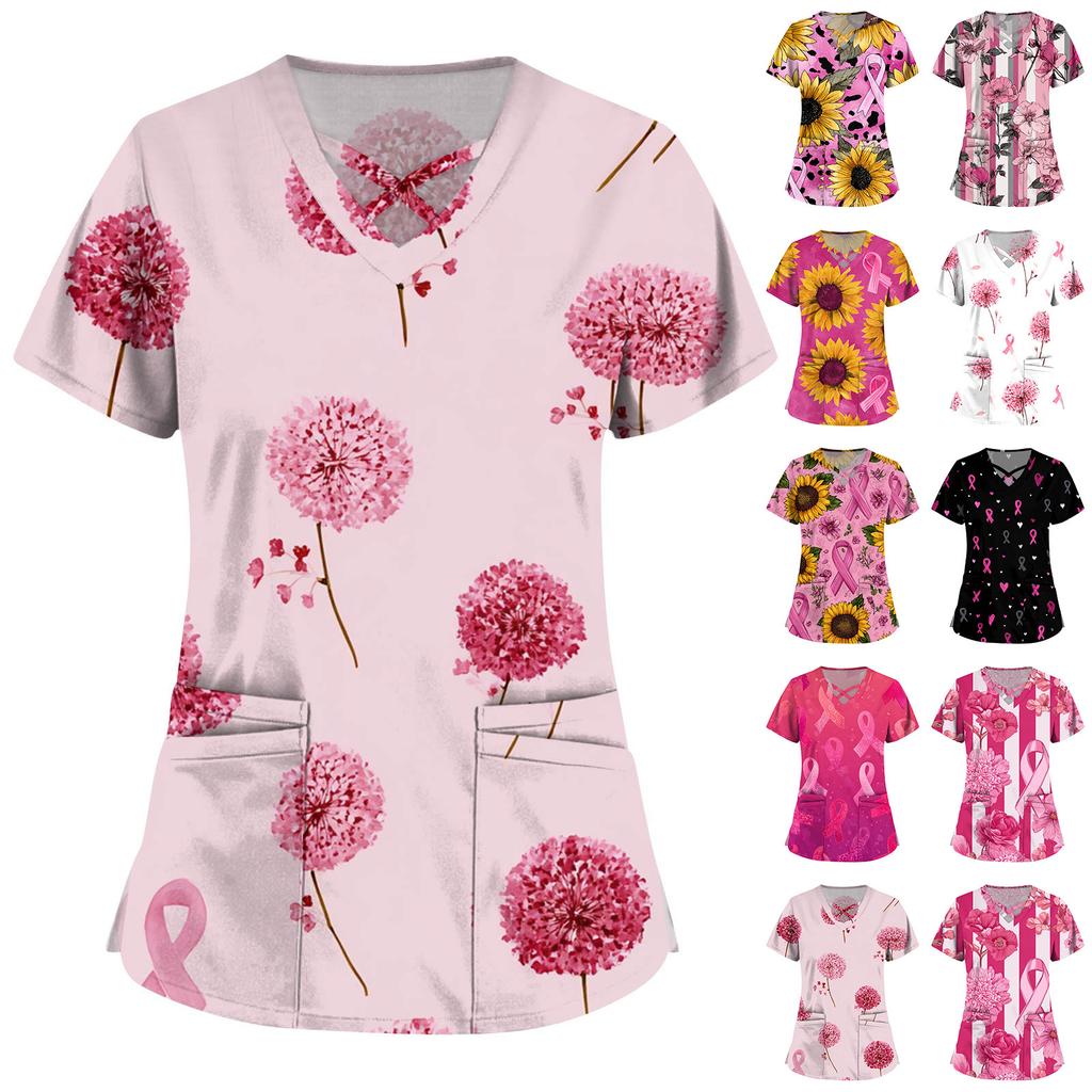 Women's Fashion V-Neck Short Sleeve Overalls Double Layer Pocket Printed Tops Apparel