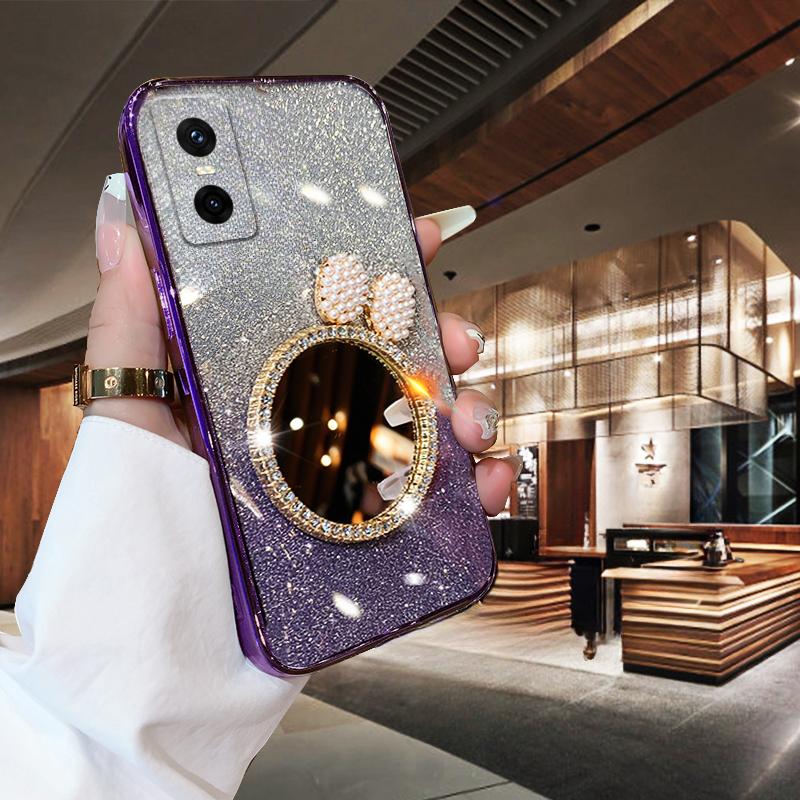 For infinix GT10 GT20 GT30 Pro Case with Bow Makeup Mirror Luxury Shiny Gradient Clear Plating Glitter Girls Slim