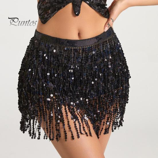 Belly Dance Skirt Sequin Tassel Waist Hip Scarf Exotic Style Tie Up Adjustable Thin Skirt Mesh Festivel Stage Performance Cosplay Mini Skirt Apron