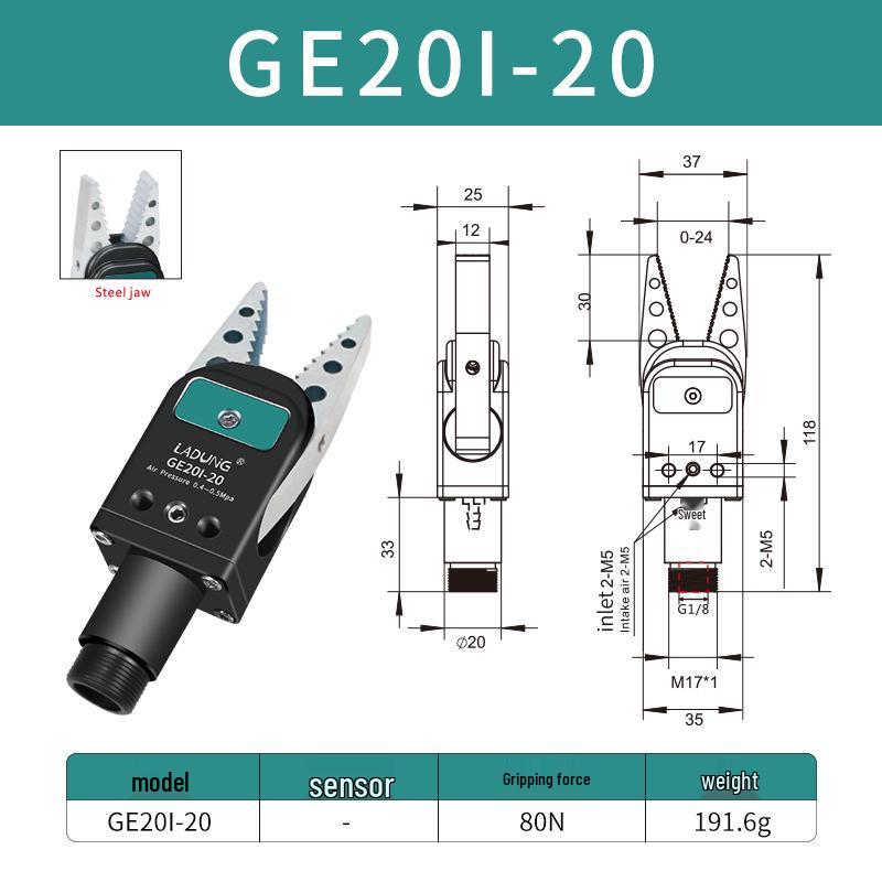 Double-Acting Pneumatic Needle-Nose Gripper GE20B-20 for Robotic Arm and Water Jet Applications