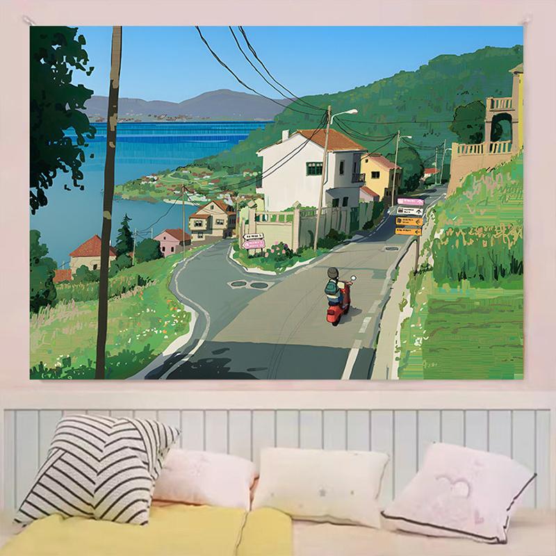Hayao Miyazaki Town Style Tapestry, Wall Hanging for Bedroom Headboard Decor, Photo Backdrop Cloth8