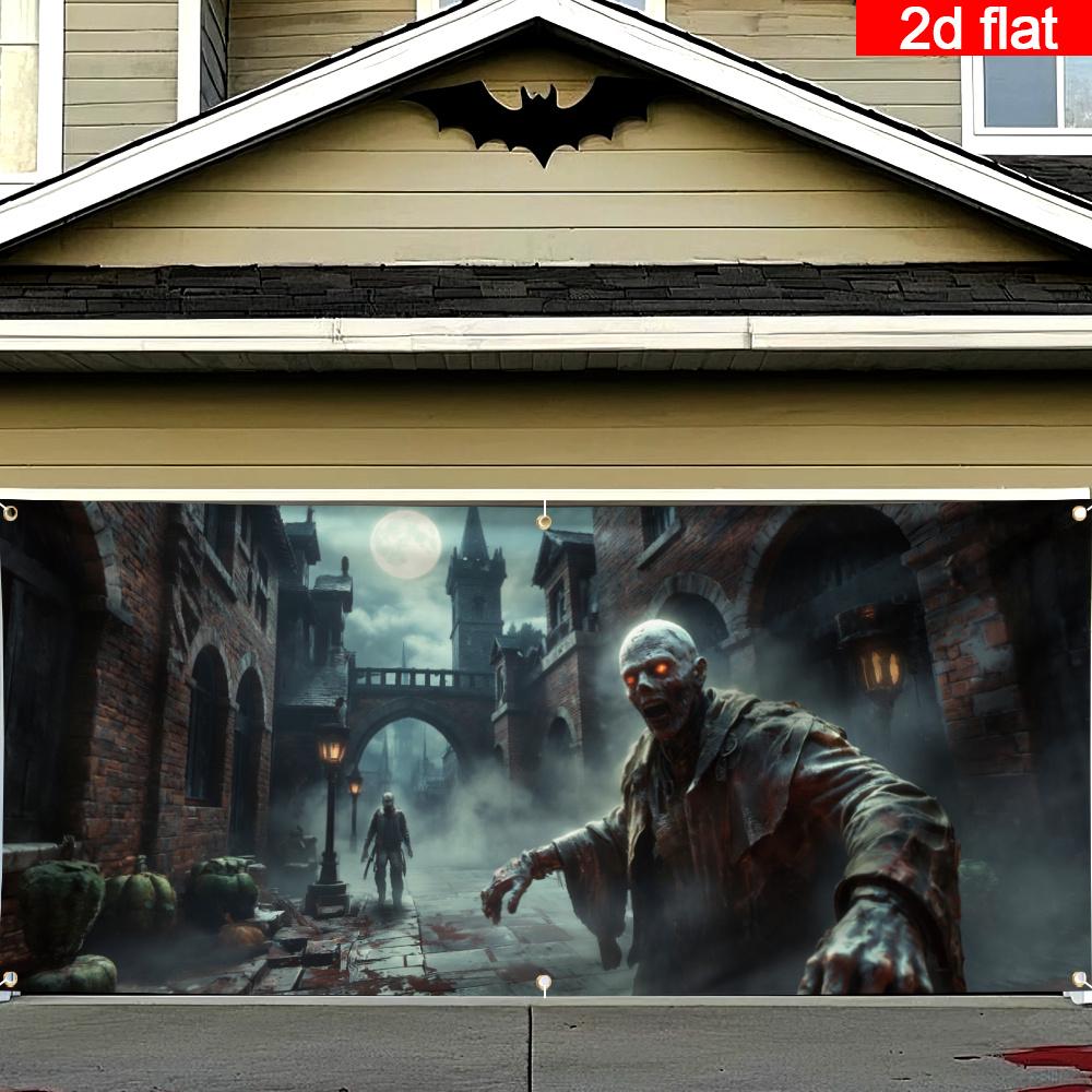 2D flat, 1 large Halloween garage door flag - zombie apocalypse decoration with tattered shirt zombie, horror scene background