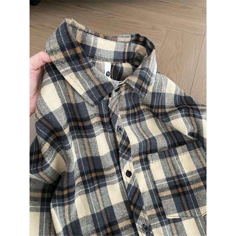 Мужская желтая клетчатая рубашка с длинным рукавом - Бренд ретро-тренда Весна Осень, Универсальная нижняя рубашка/Куртка для пар