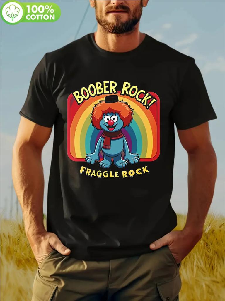 Boober Rock Fraggle Rock 29DH7 Vintage Graphic T-shirt - 180g 100% Cotton Crew Neck Short Sleeve Tee with Rainbow & Fraggle Rock Character Design