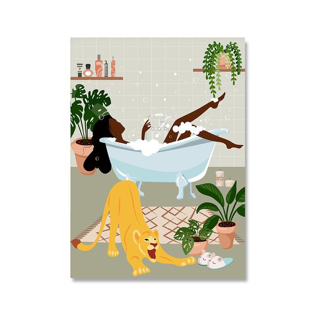 Рамка из цельного дерева Афро-Американский женский принт в стиле бохо Черная девушка Плакат Джунгли Леди Холст Картина Растение Animail Настенная картина Декор в гостиную