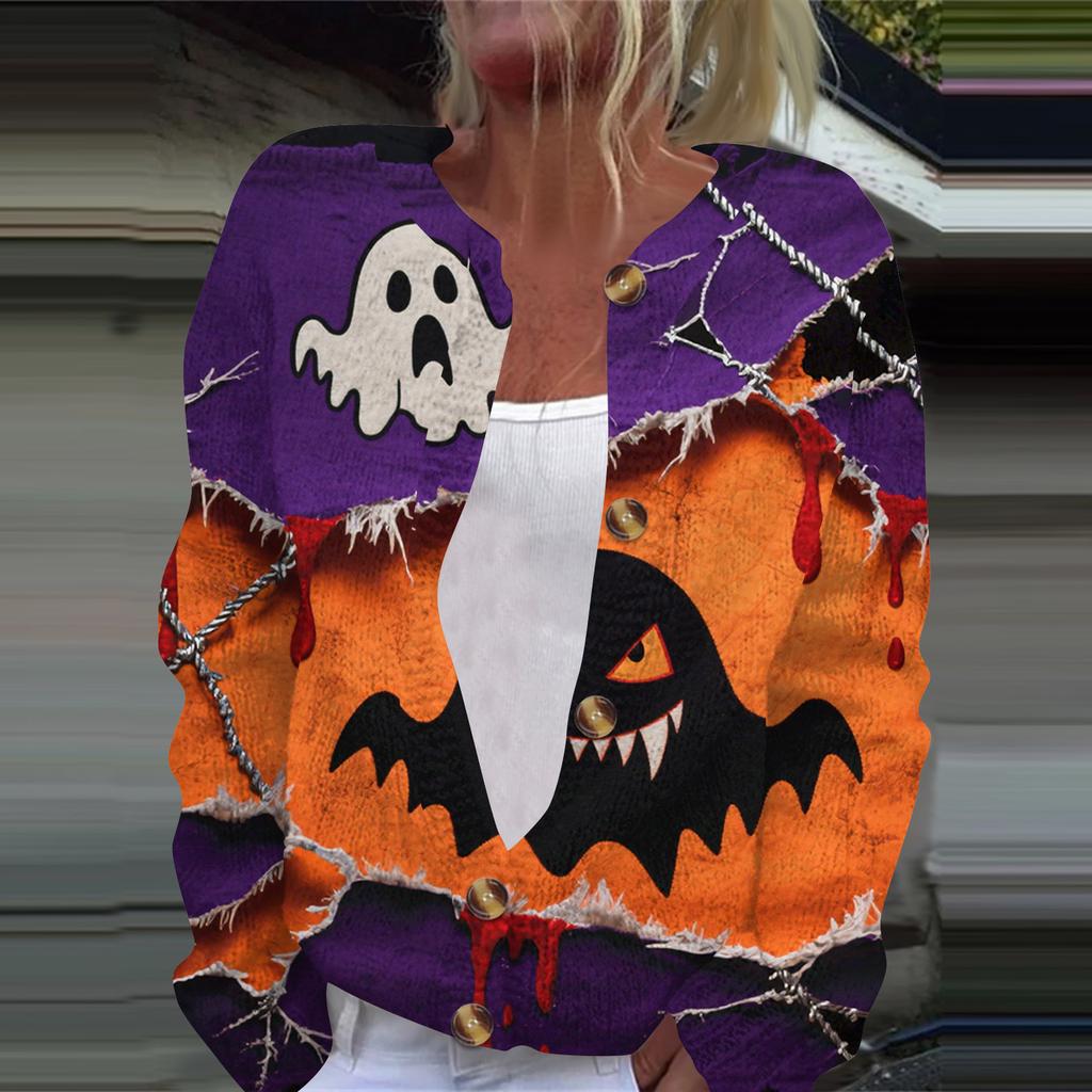 Women's Fashion Printed Long Sleeve Knitted Cardigan Button Down Jacket