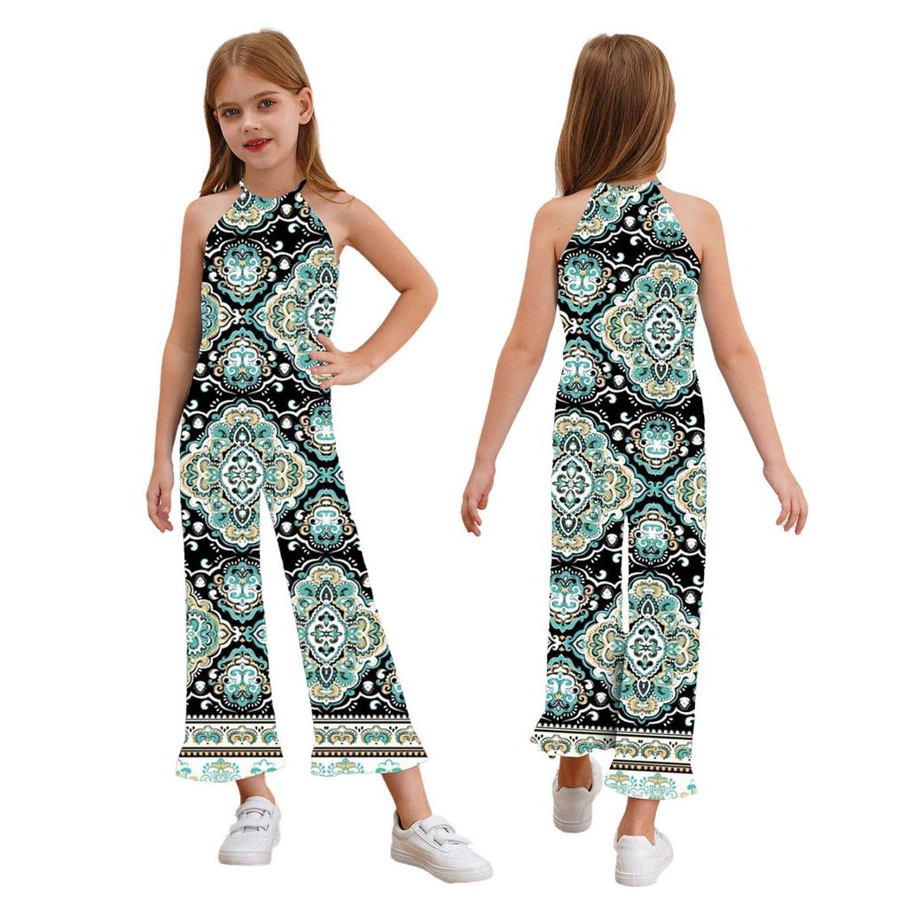 Детский комбинезон без рукавов с цветочным принтом и широкими штанинами для девочек, цельный комбинезон в стиле бохо с поясом, летний сарафан, комбинезон