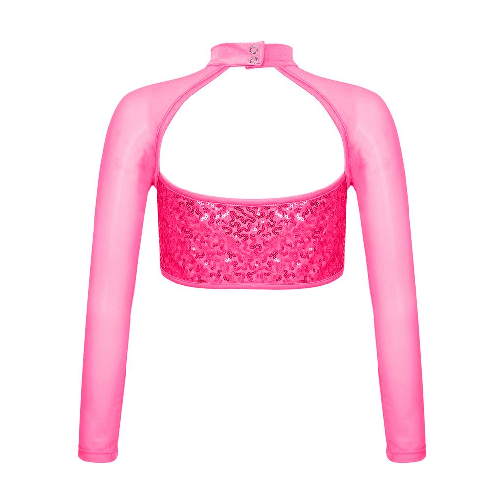 Укороченный топ для танцев для девочек с длинным рукавом, круглым воротом, вырезом на спине, украшенный блестящими пайетками