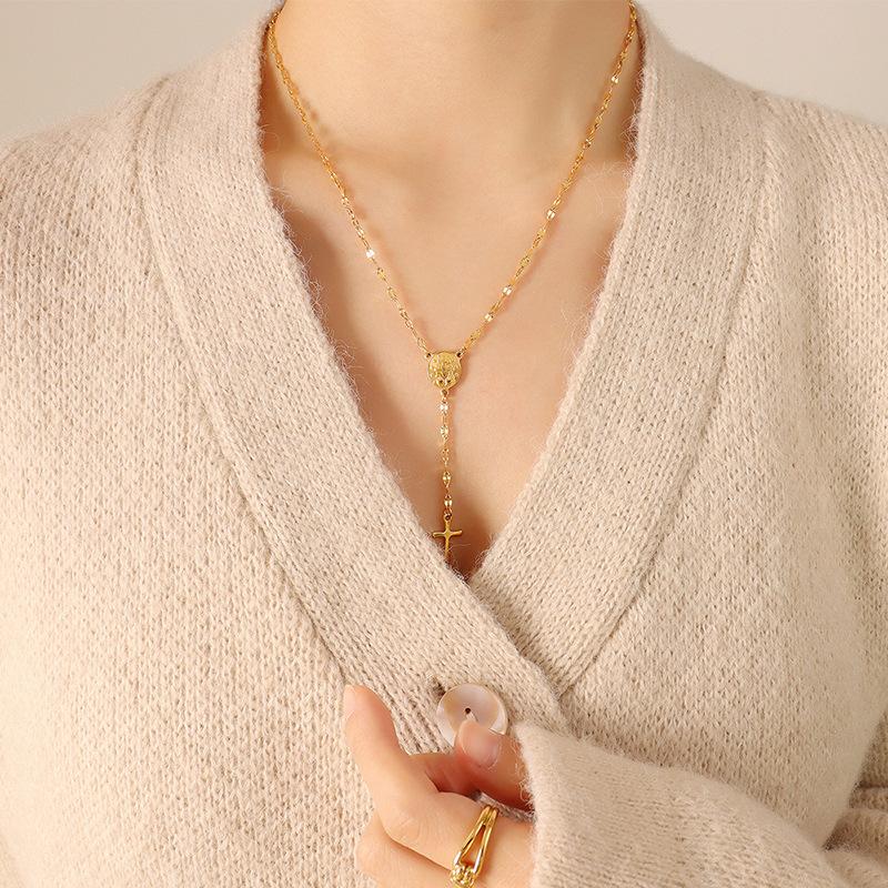 Vintage Geometric Portrait Cross Pendant Necklace Titanium Steel Personality Temperament Versatile Collarbone Chain Jewelry