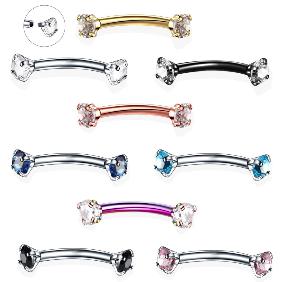 1PC Steel Crystal Gem Eyebrow Ring Tragus Helix Rook Earring Piercings Curved Banana Piercing Lip Helix Rings Jewelry 16G