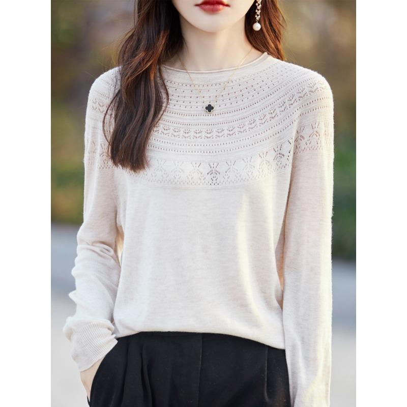 One-line Ready-to-wear Rolled Round Neck Hollow Wool Sweater for Women In Summer Loose Versatile Thin Wool Base Shirt for Women