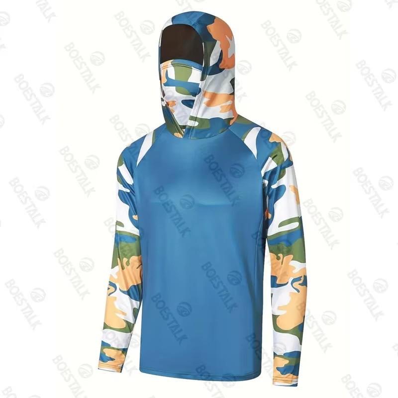 Mens UPF 50 Long Sleeve Quick-Dry Sun Protection Fishing Shirt With Hood Polyester Performance Tee Outdoor Sports Cycling