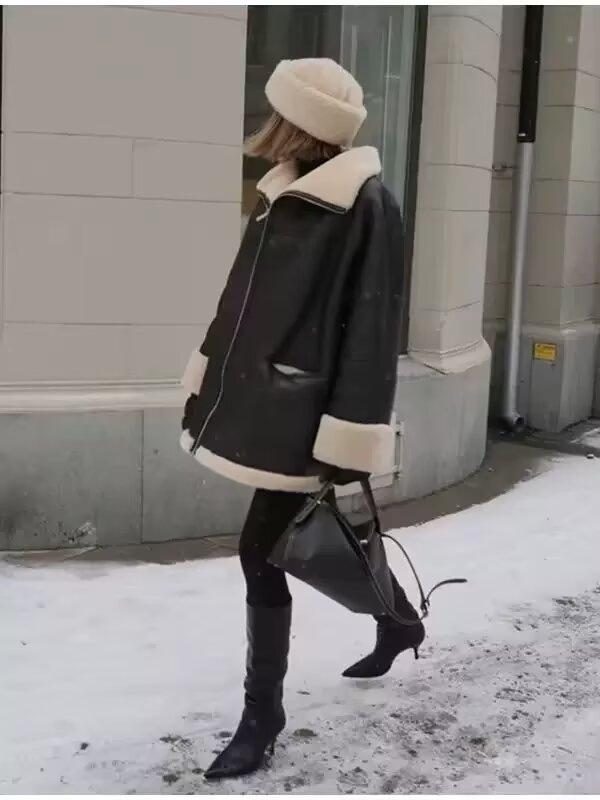 Женская модная кашемировая кожаная куртка в европейском и американском стиле с меховым воротником