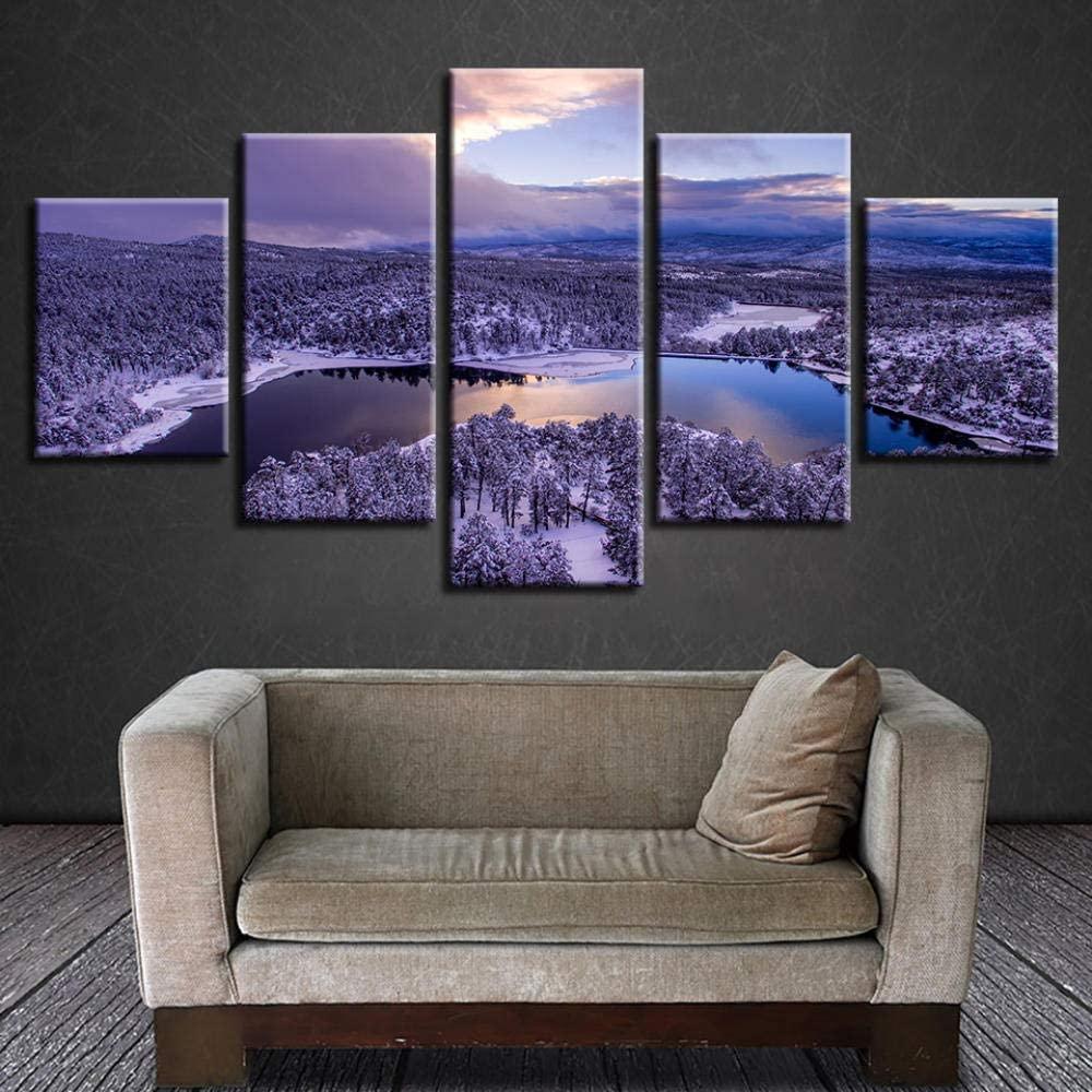 Canvas Wall Art 5 Piece Paintings Forest Snow Mountain Posters Scenery Pictures Home Modern Room Decor Living Room Decoration No Frame