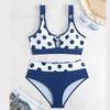 Плюс Размер Женская мода сексуальный круглый вырез синий горошек бикини комплект облегающий пляжный купальники комплект из двух частей