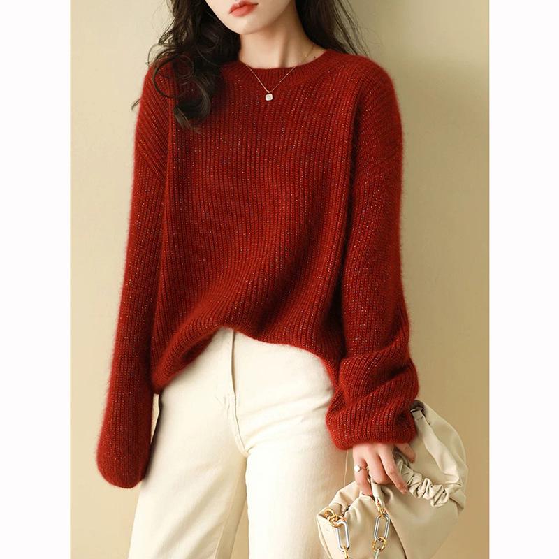 Women's Trendy Round Neck Lurex Sweater in New Year Red - 100% Pure Wool, Loose Fit, Autumn/Winter Base Layer