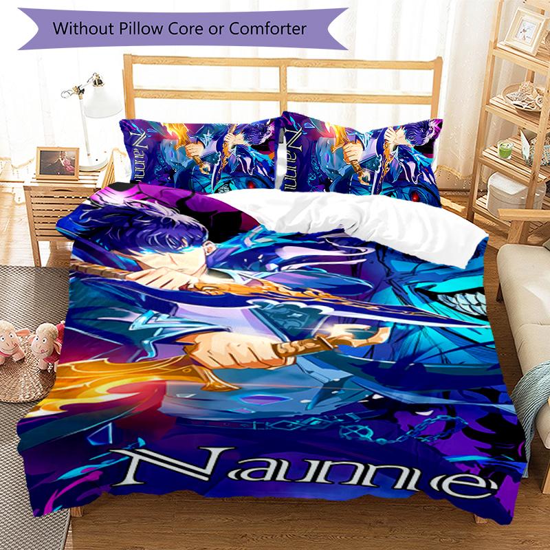 3pcs Custom Name Solo Leveling Bedding Set Duvet Cover Closure Includes 1 Duvet Cover & 2 Pillowcases for All Seasons Bedroom Decor