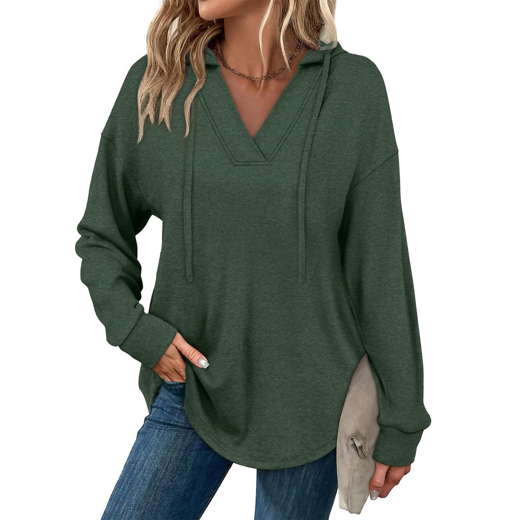 Women's Fashion Solid-Color Long-Sleeve Hooded V-Neck Casual Sweatshirt Top