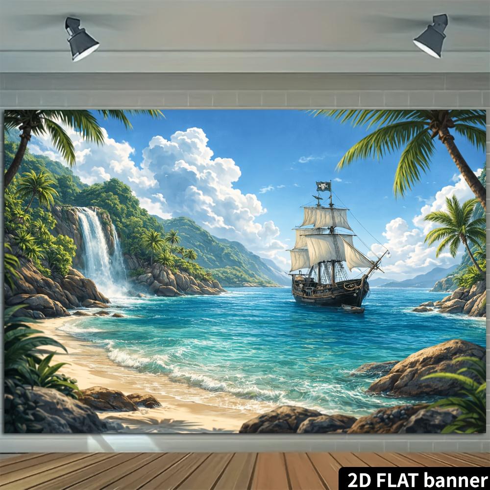 2D Plane Tropical Beach Pirate Ship Waterfall Background Fabric Indoor and Outdoor Home Decoration Party Use