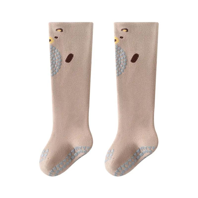 Мультяшные носки до середины икры с изображением животных, противоскользящие носки для малышей, зимние утолщенные теплые гольфы выше икры