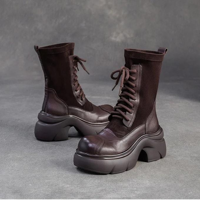 Johnature Genuine Leather Splicing Stretch Fabric Thick Soled Mid-calf Boots Versatile Women's Platform Boots