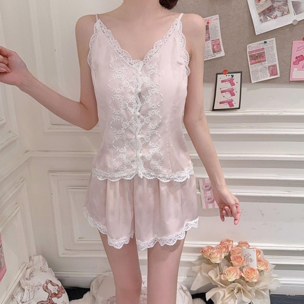 Summer sexy V-neck new suspender shorts lace pajamas women sweet ice silk cool loungewear pure desire