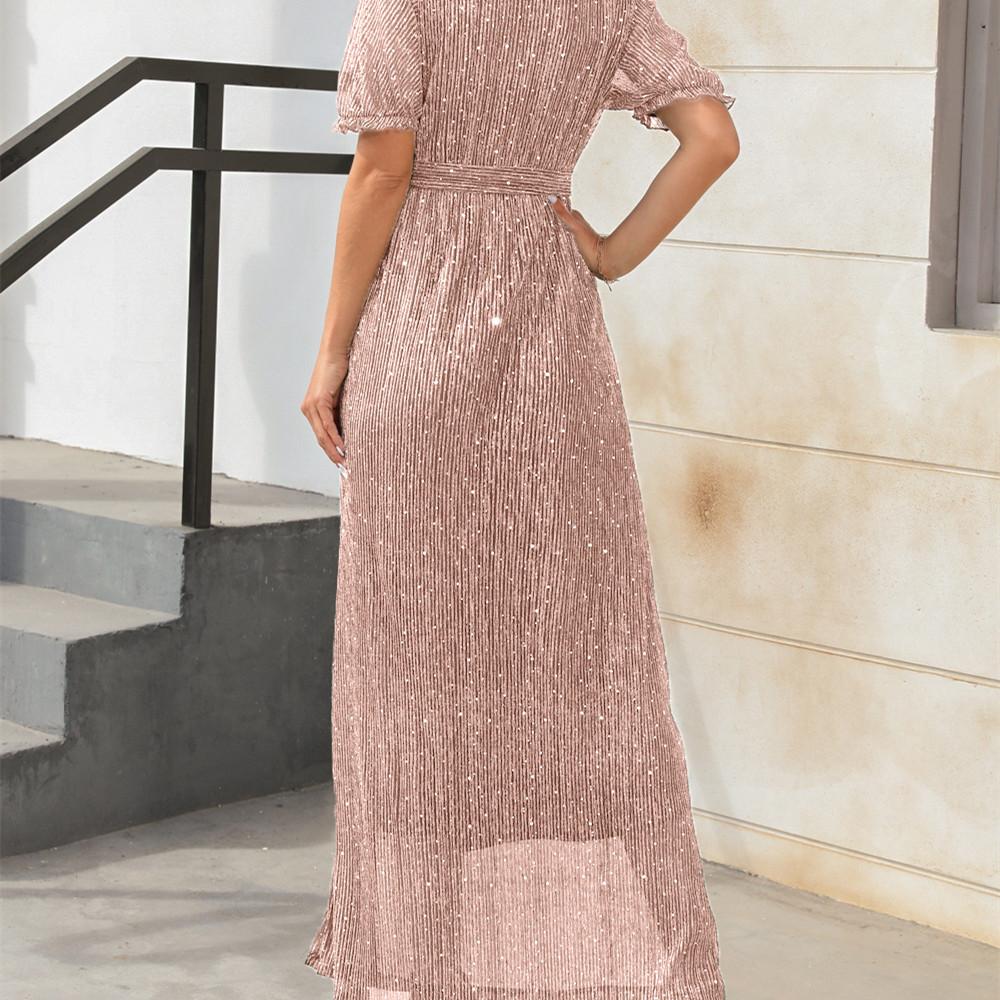 GMXIA Новый продукт Платье с V-образным вырезом и высокой талией, платье с длинными рукавами и разрезом