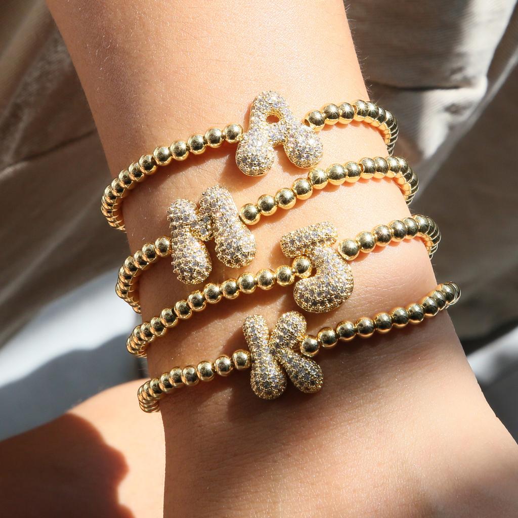 Trendy Hot Sale Hip Hop 18k Gold Plated 26 English Zircon Letters Bracelet Fashion Copper Beading Bracelet Women's Gift Jewelry